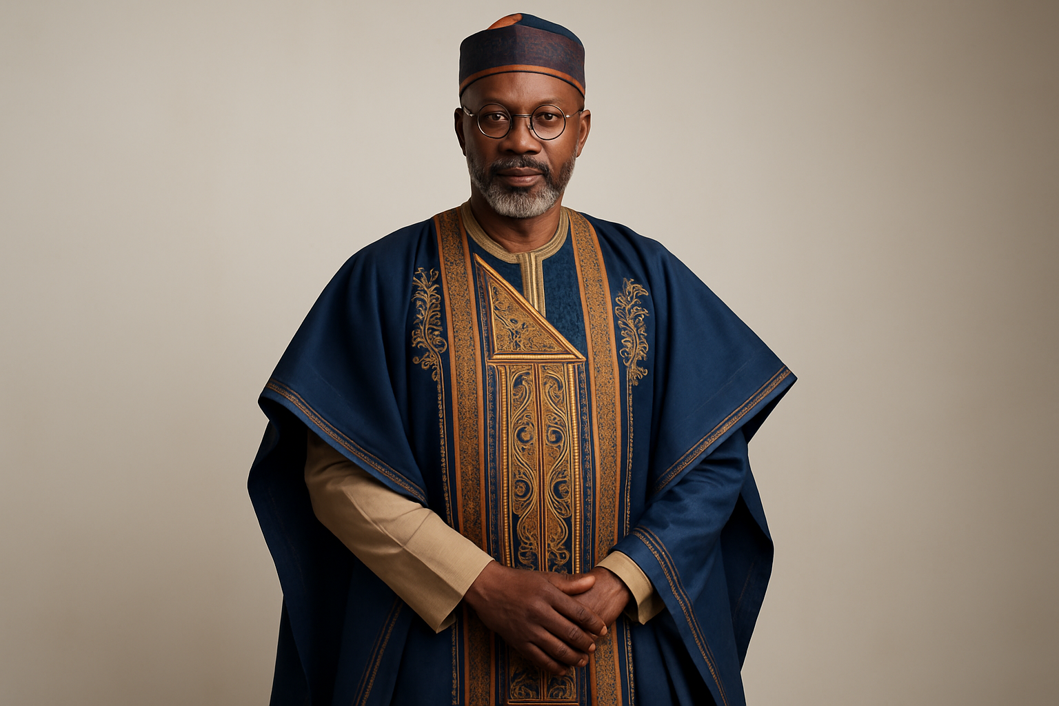 a nigerian man wearing agbada following the color theme of the website
